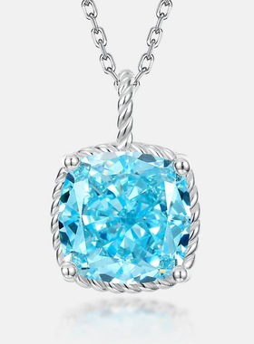 新款浅海蓝高碳钻项链女吊坠S925银镀18K金冰花切彩宝锁骨链坠