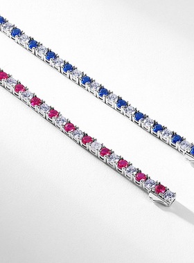 嘻哈网球手链男女S925银镀18K金镶培育红蓝彩宝宝石手饰时尚女款