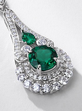 水滴培育祖母绿项链女S925银镀18K金PT950铂金葫芦锁骨链复古