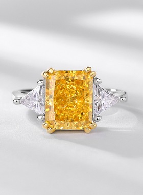 威尔盛珠宝S925银镀18K金新款黄色戒指女冰花切高碳钻戒精致饰品