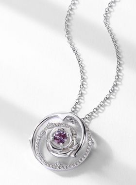 新款轻奢玫瑰花吊坠S925银镀18K金PT950铂金亚历山大石项链锁骨链