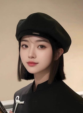 黑色贝雷帽女显脸小韩系画家帽潮