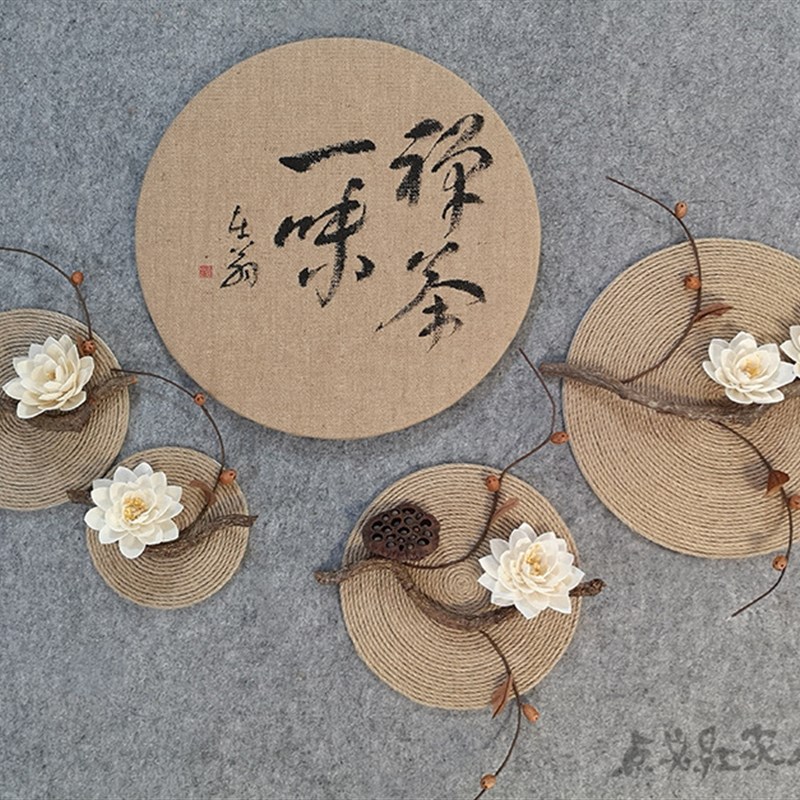 1P2R睡莲清韵麻绳圆形s装饰画禅意新中式家居壁饰挂件干花玄关墙 - 图2