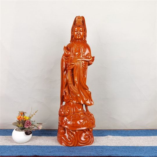 Ébano tallado en madera maciza Guanyin Bodhisattva estatua de Buda sala de estar hogar adoración Q adornos estación Long Guanyin Bodhisattva