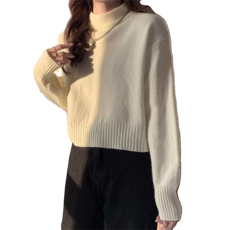 米白色半高领软糯短款毛衣女秋冬新款大衣内搭Q加厚长袖针织打底,淘宝优惠券,粉丝福利购,淘宝优惠卷