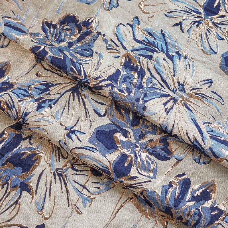 复古金丝浮雕连衣裙面料大花朵旗袍经典蓝女装春秋挺括外套装饰布 - 图2