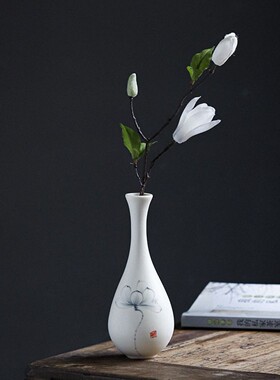 新中式陶瓷花瓶手绘干花鲜花插花瓷器摆件白色花器客厅装饰品现代