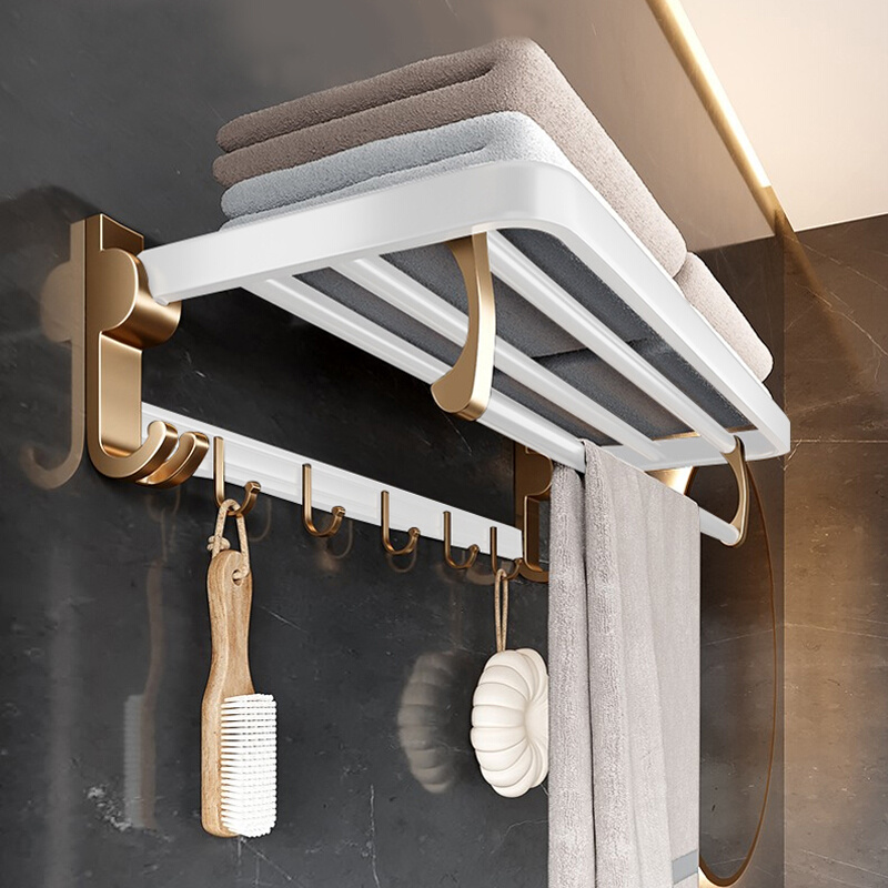 白金色折叠浴巾架浴室置物架壁挂式毛巾架太空铝免打孔卫生间架子