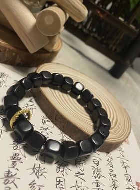 适用新款熔岩方块火山石编织手链男哑光黑玻璃珠子手环手串a2085