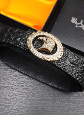 新款鹰扣皮带男真皮高档头层牛皮鳄鱼纹镶钻打孔青年大牌西裤腰带