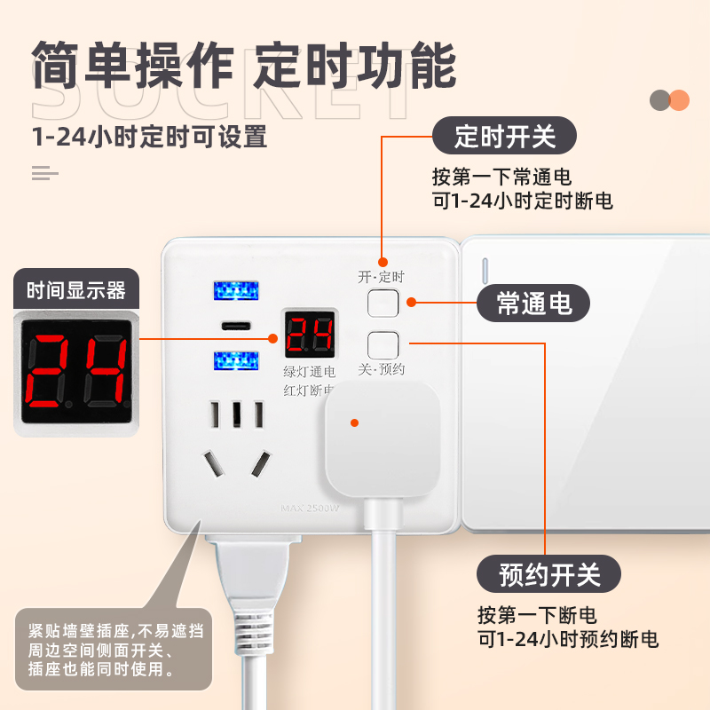 中座可定时86型插座转换器多功能USB快充一转多超薄无线拓展插排 - 图2