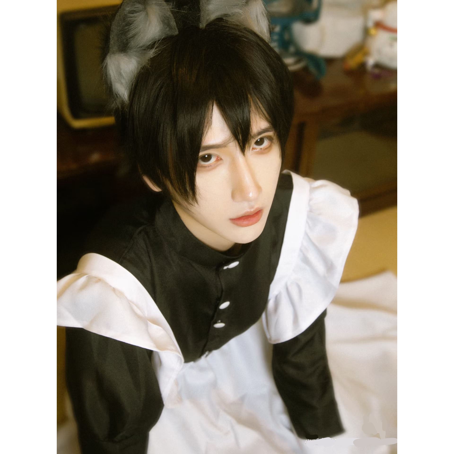 男仆装秋冬猫耳长裙大尺码cos性感加大围裙变装伪娘大佬cos服女仆 - 图1