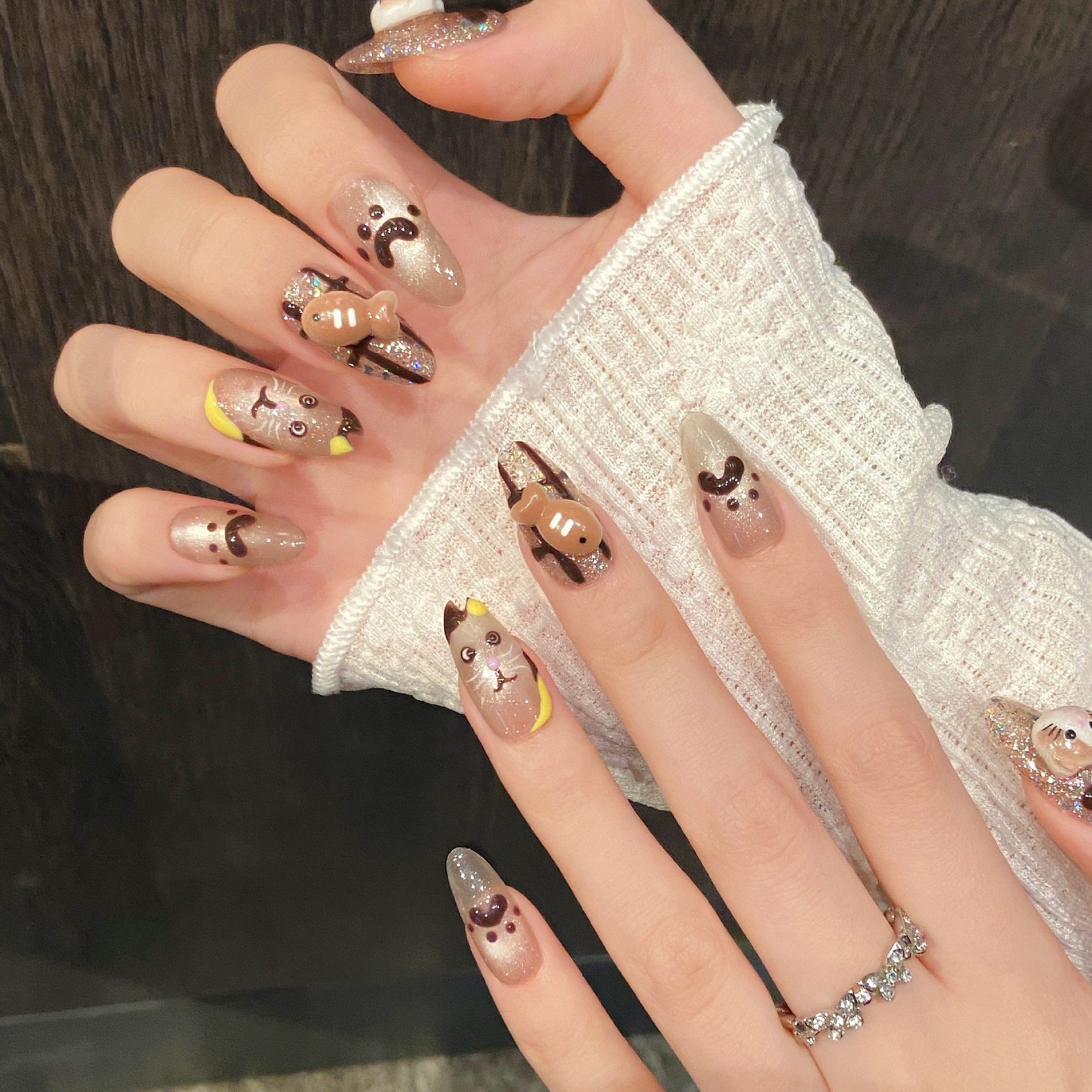 魅甲 黑皮猫咪卡通可爱美拉德豹纹追光猫眼可拆卸纯手工穿戴甲,淘宝优惠券,粉丝福利购,淘宝优惠卷