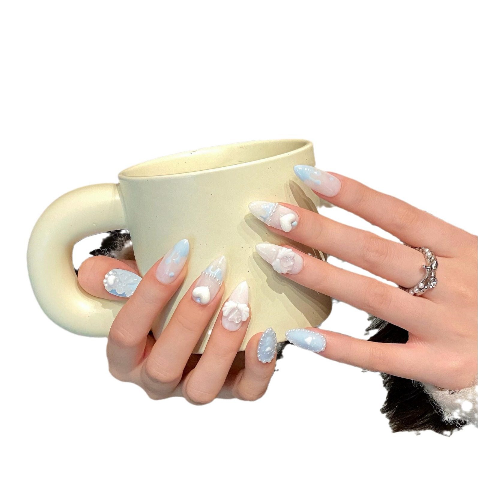 暴兔丸手工美甲 甜酷 风蓝色可爱蝴蝶结猫爪穿戴甲成品贴片百搭款,淘宝优惠券,粉丝福利购,淘宝优惠卷