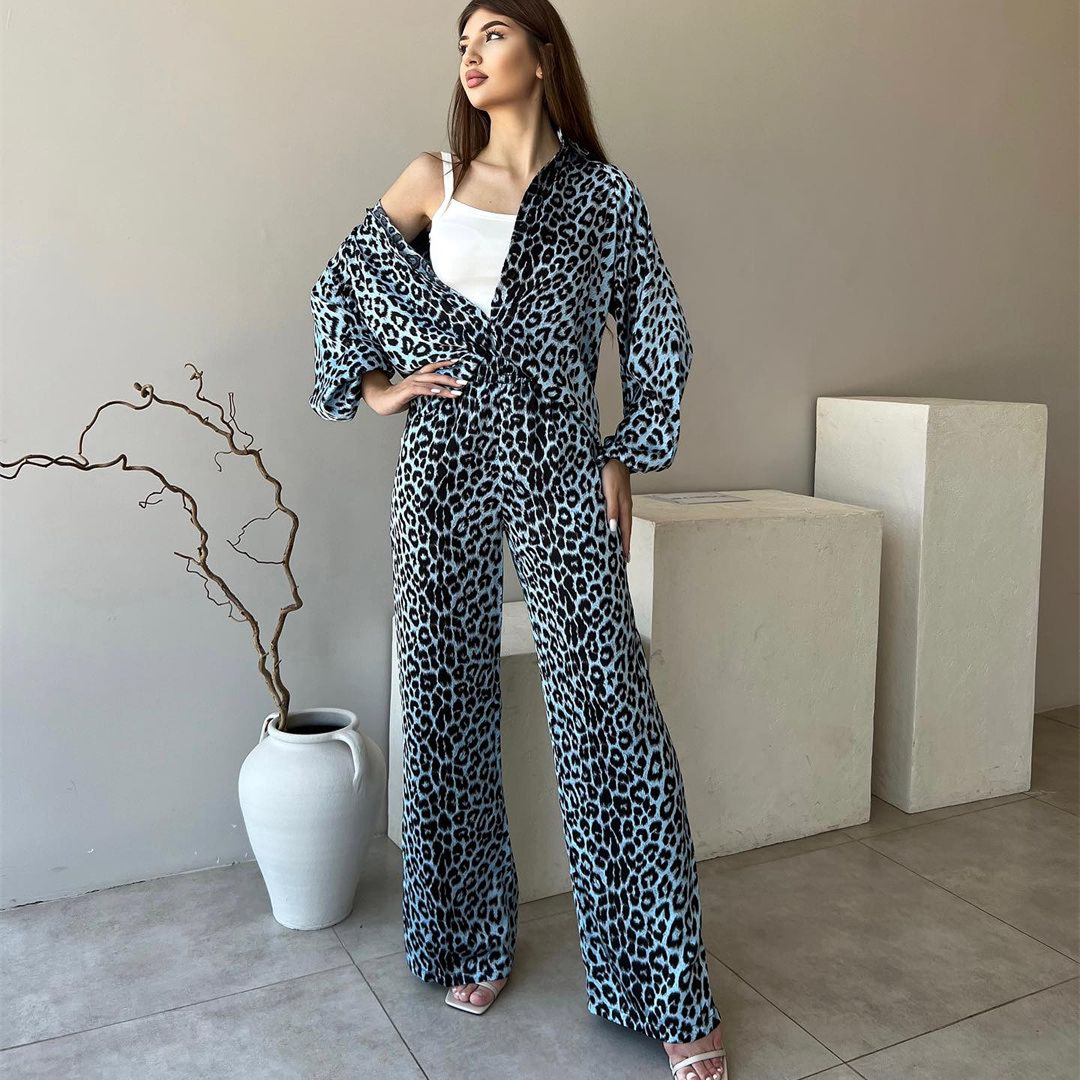 Leopard print shirt straight-leg pantsuit豹纹衬衫直筒裤套装-图1