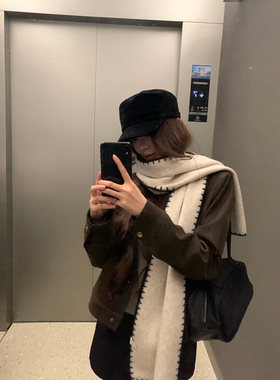 小香风韩版锁边针织毛线围巾高级羊毛混纺围脖冬季女简约百搭纯色
