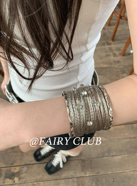 复古银色拉丝多层镂空缠绕手镯小众金属辣妹开口手环宽版臂环女潮