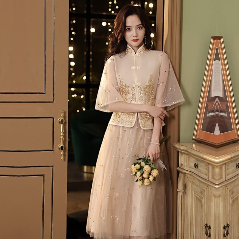 中式伴娘服夏季婚礼姐妹团中国风显瘦复古改良中长款演出礼服裙女