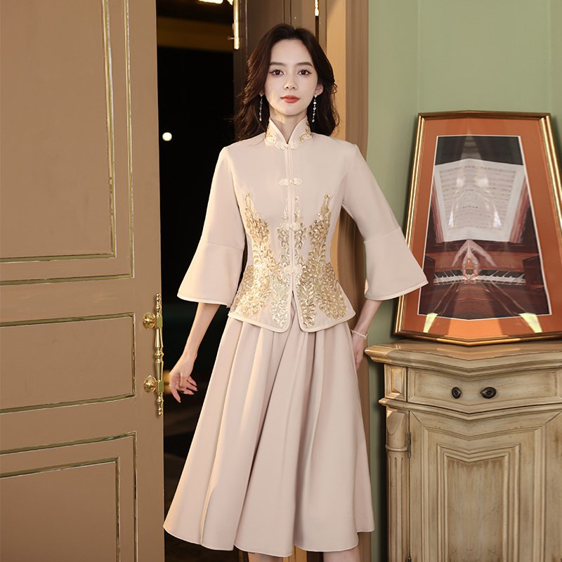 中式伴娘服夏季婚礼姐妹团中国风显瘦复古改良中长款演出礼服裙女