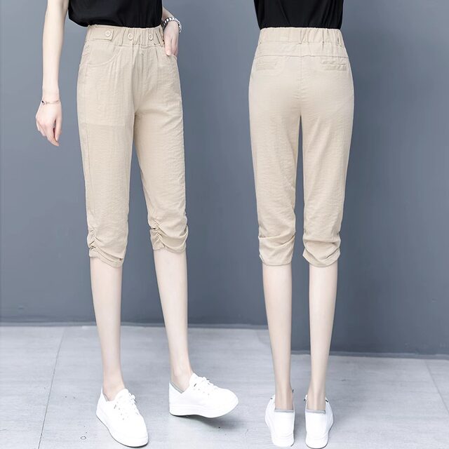 Ice silk cropped pants for women's thin 2025 summer new style loose slimming Harun cotton linen casual small foot pants