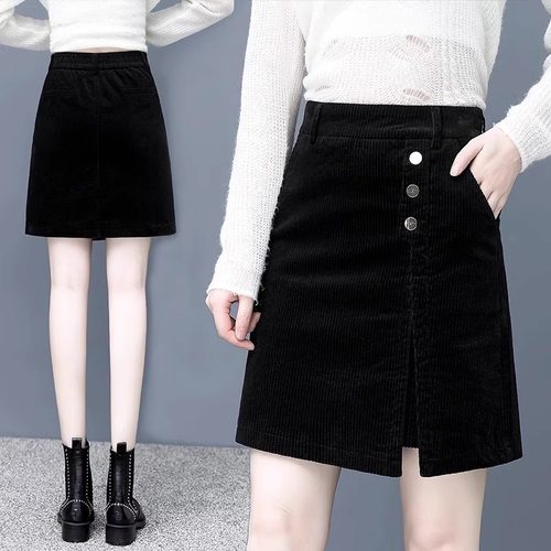 灯芯绒A字半身裙秋冬2025新款韩版高腰显瘦包臀裙设计感大码短裙 - 图1