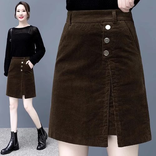 灯芯绒A字半身裙秋冬2025新款韩版高腰显瘦包臀裙设计感大码短裙 - 图0