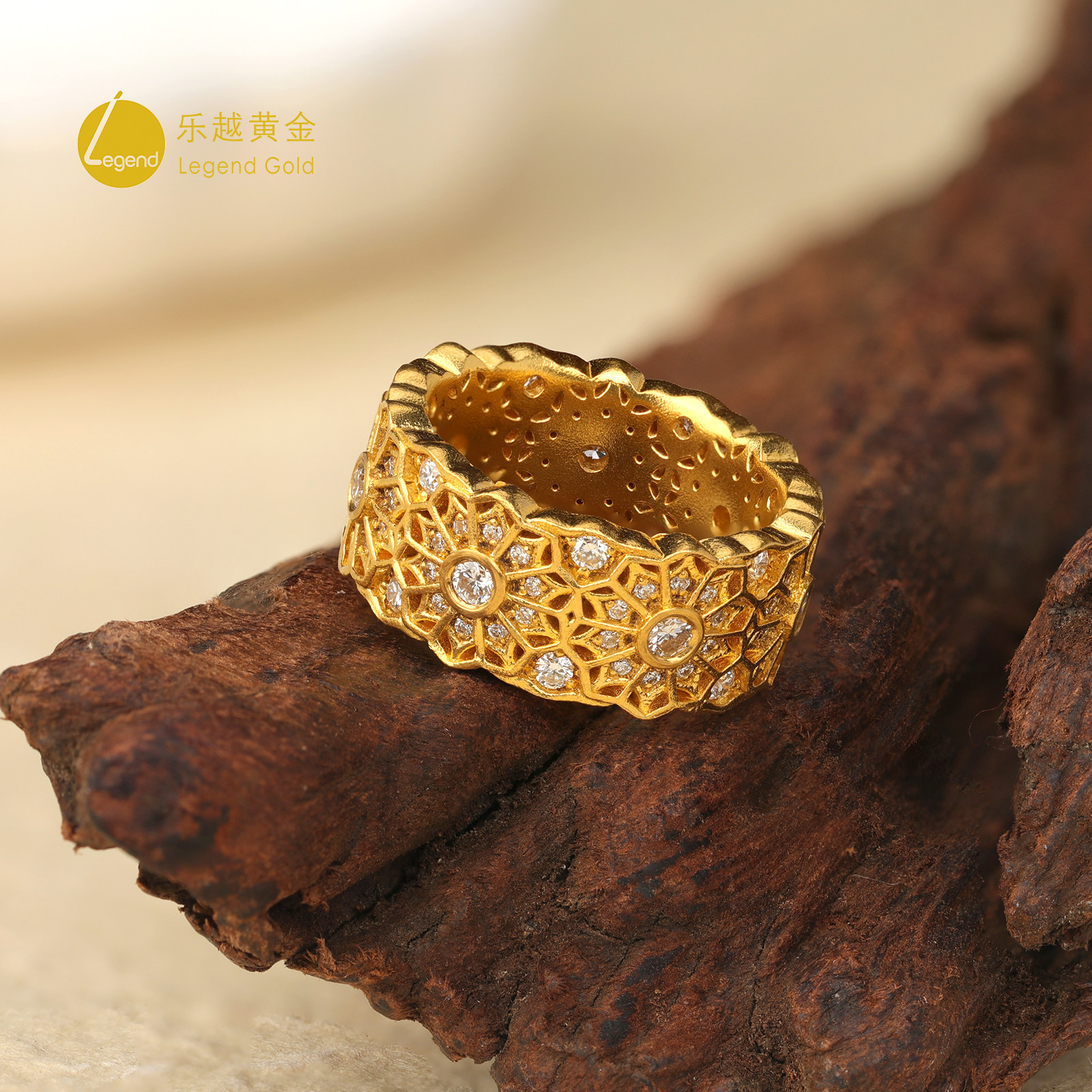 Leyue gold ancient method inlaid real diamond rose window ring pure gold 999 retro hollow niche diamond ring