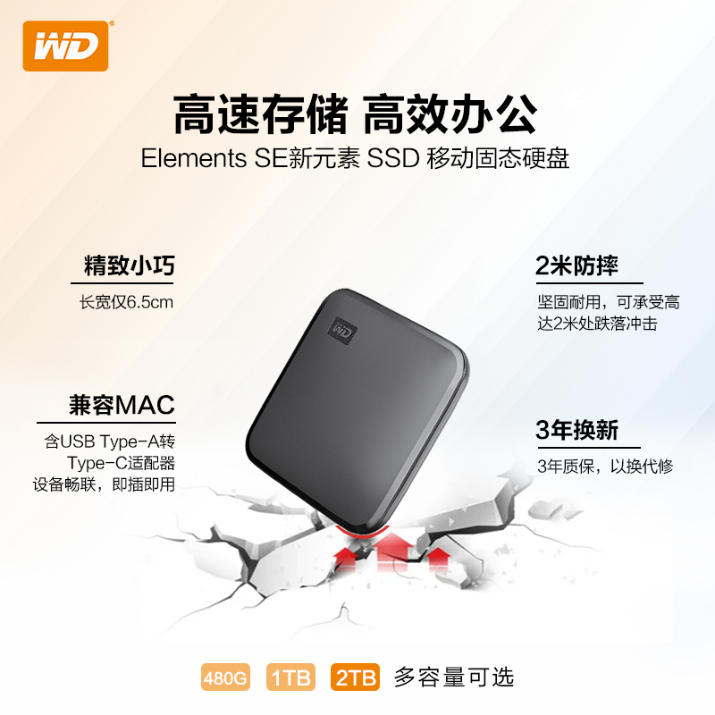 WD西数移动固态硬盘1T 2T外接 SSD高速存储 小巧便携手机电脑两用 - 图0