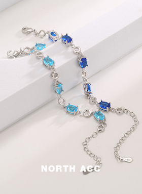 NORTHACC欧美ins风海蓝色托帕石镀银手链女士水晶简约日常百搭