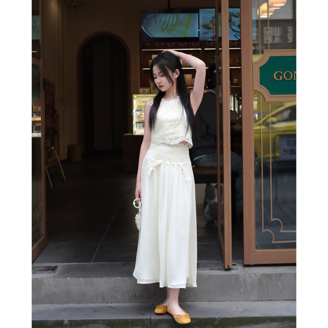 Xiaonajiao petite ອ່ອນໂຍນ lace back zipper ສັ້ນ vest ອອກແບບ skirt suit ສໍາລັບແມ່ຍິງ