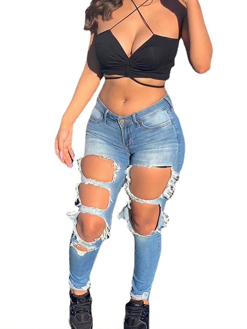 Simple stretch jeans with holes简约休闲破洞弹力牛仔小脚裤女,淘宝优惠券,粉丝福利购,淘宝优惠卷