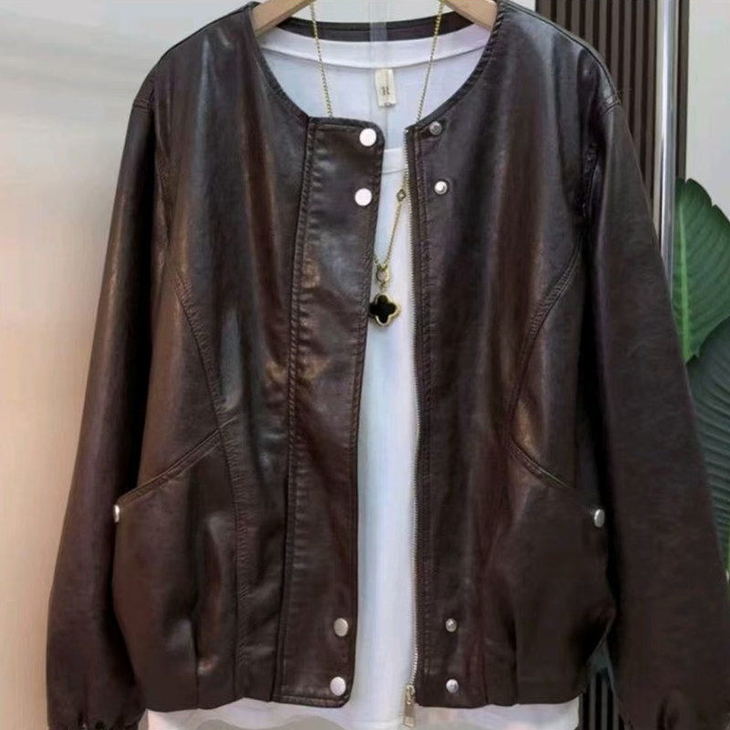 秋季大码女装新款高级感PU外套时尚长袖纯色开衫百搭遮肉外衣圆领,淘宝优惠券,粉丝福利购,淘宝优惠卷