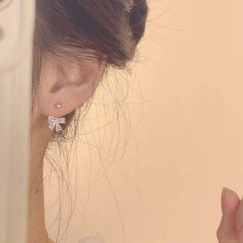 S925纯银镂空蝴蝶结耳钉2025爆款轻奢高级感耳环女螺丝拧防丢耳饰