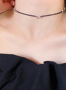 甜酷少女黑色米珠蝴蝶结项链女