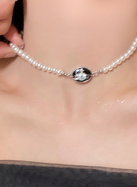 黑色星球珍珠锁骨链女叠戴时尚感