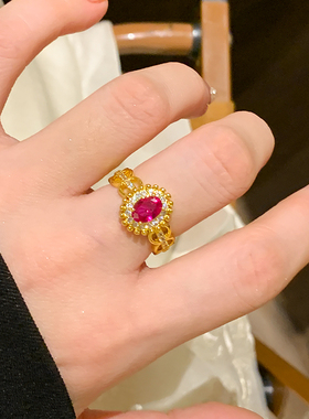 红刚玉鸽子蛋太阳蕾丝戒指女复古