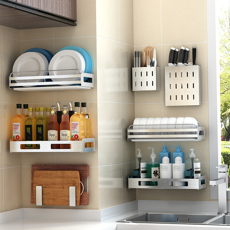 不锈钢厨房置物架壁挂碗碟架沥水架调料收纳刀架免打孔晾碗架锅架
