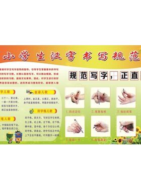 毛笔写字姿势图海报展板握笔姿势小学生汉字书写规范书写姿势KT板