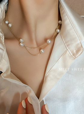 双层叠戴珍珠项链女款chocker锁骨链2025新款爆款高级感气质优雅