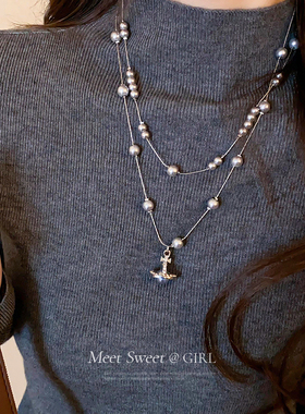 叠戴土星灰色珍珠毛衣链轻奢高级感大气高档百搭长款项链配饰女