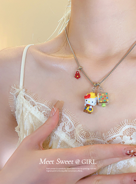 彩色KT猫咪方块吊坠项链日常百搭锁骨链甜美多巴胺可爱卡通配饰女