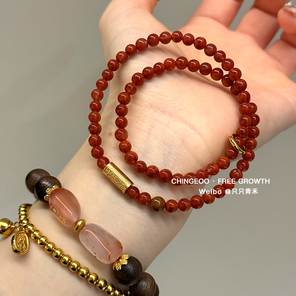 只只青禾【洛神珠】原创中式设计大凉山南红玛瑙柿子红能量柱手串 - 图1