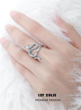 冰封蛇姬/925纯银海域冰蓝蛇院戒指开口不掉色原创小众设计情侣戒