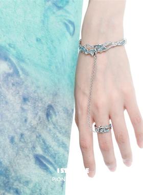 原创海域925纯银戒指小众设计高级开口食指链条手镯手环