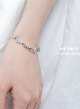 不掉色纯银蓝色手镯海域海浪小众设计极简百搭不规则手环冷淡风女