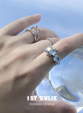 原创正品小众纯银戒指镶嵌月光石轻奢冷淡风女开口食指戒