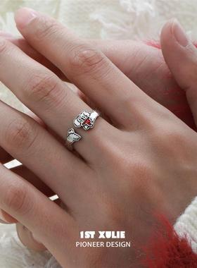 快乐小狗戒指纯银原创小众设计冷淡风开口戒不掉色