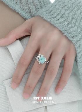 布艺玫瑰高级芋粉纯银戒指原创小众设计开口食指