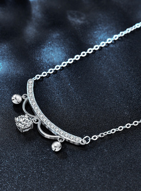 蕾丝公主项链女S925银镀18K金铃铛锁骨颈链莫桑石吊坠首饰饰品D色