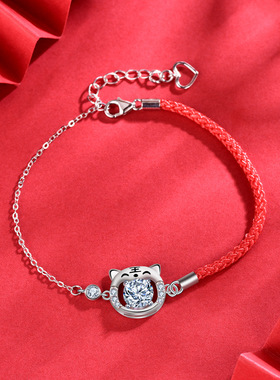 原创生肖老虎红绳手链女S925银镀18K金莫桑钻本命年手绳复古手饰